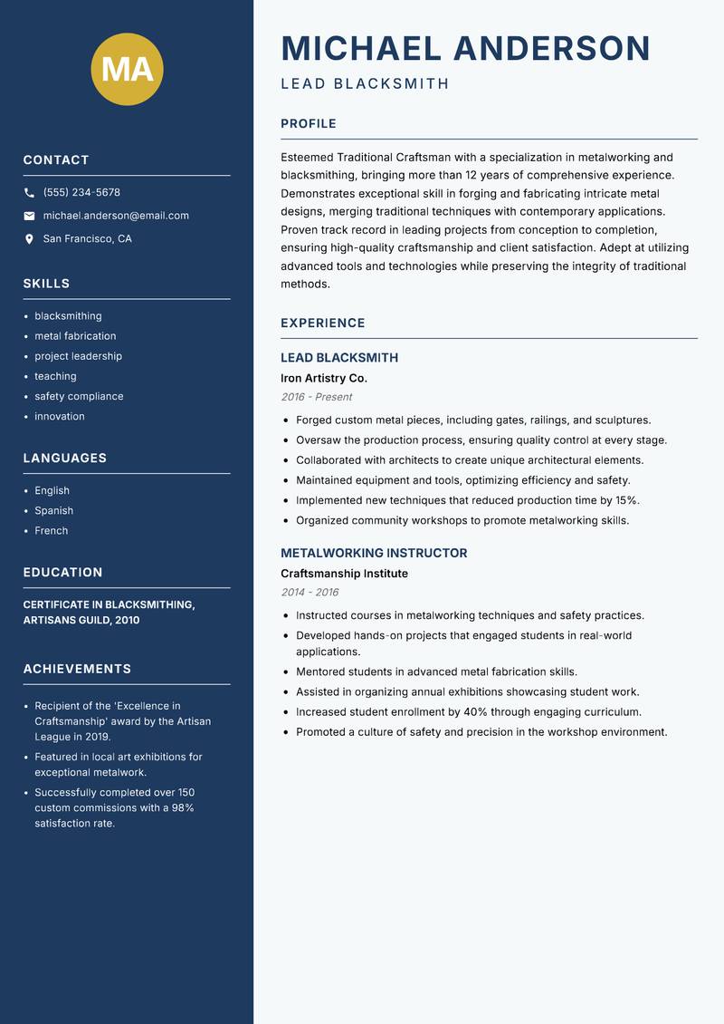 Traditional Craftsman resume sample — Lead Blacksmith focus