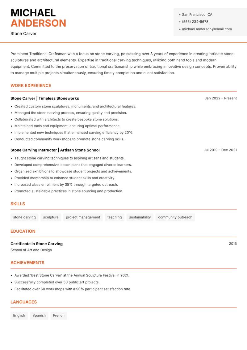 Traditional Craftsman resume sample — Stone Carver focus