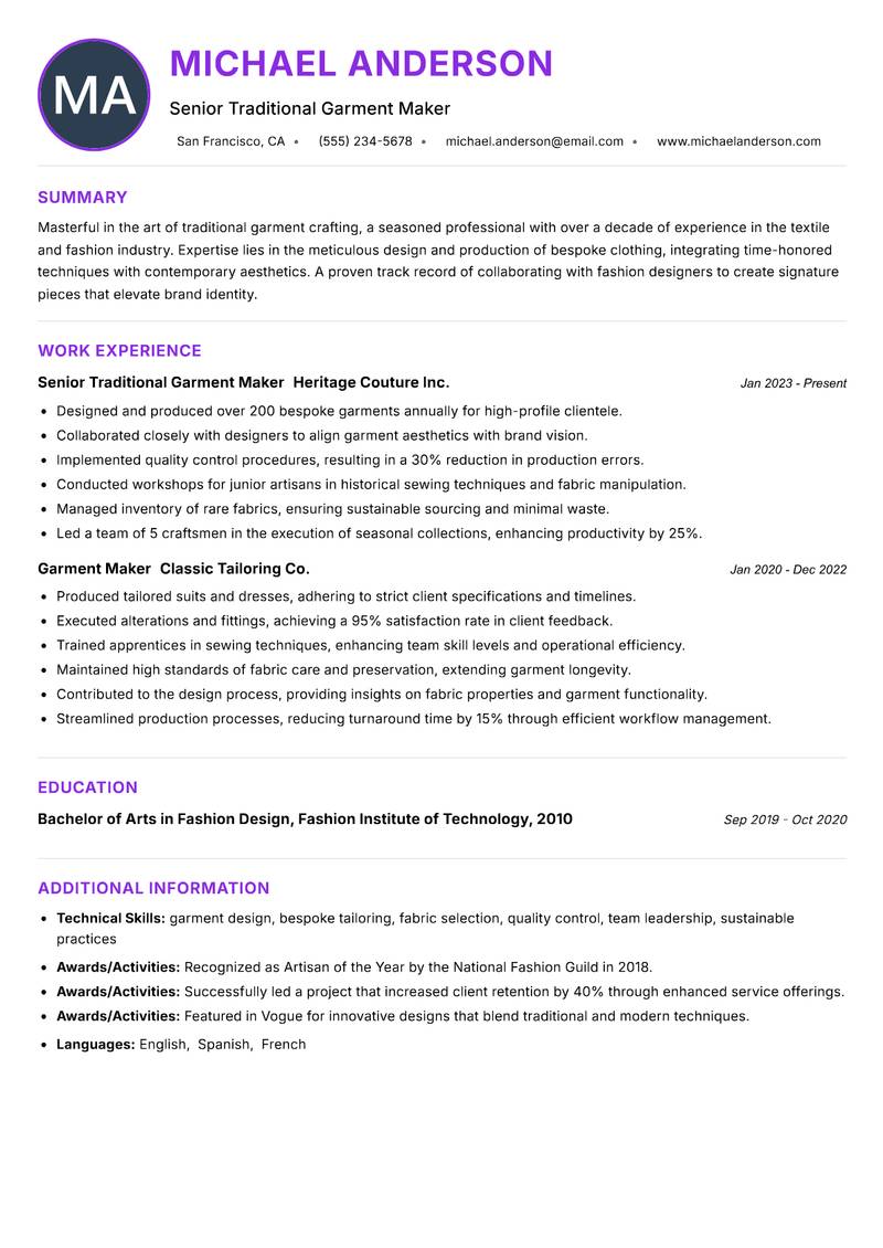 Traditional Garment Maker resume example