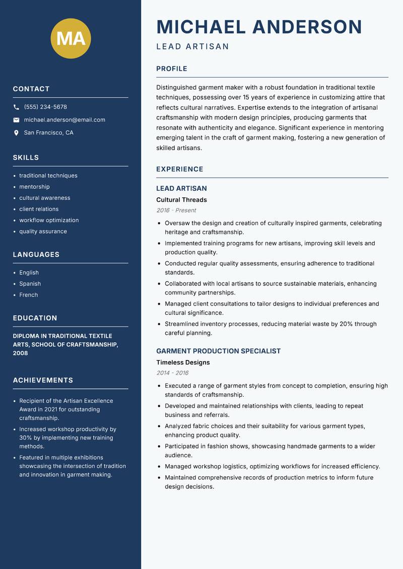 Traditional Garment Maker resume sample — Lead Artisan focus