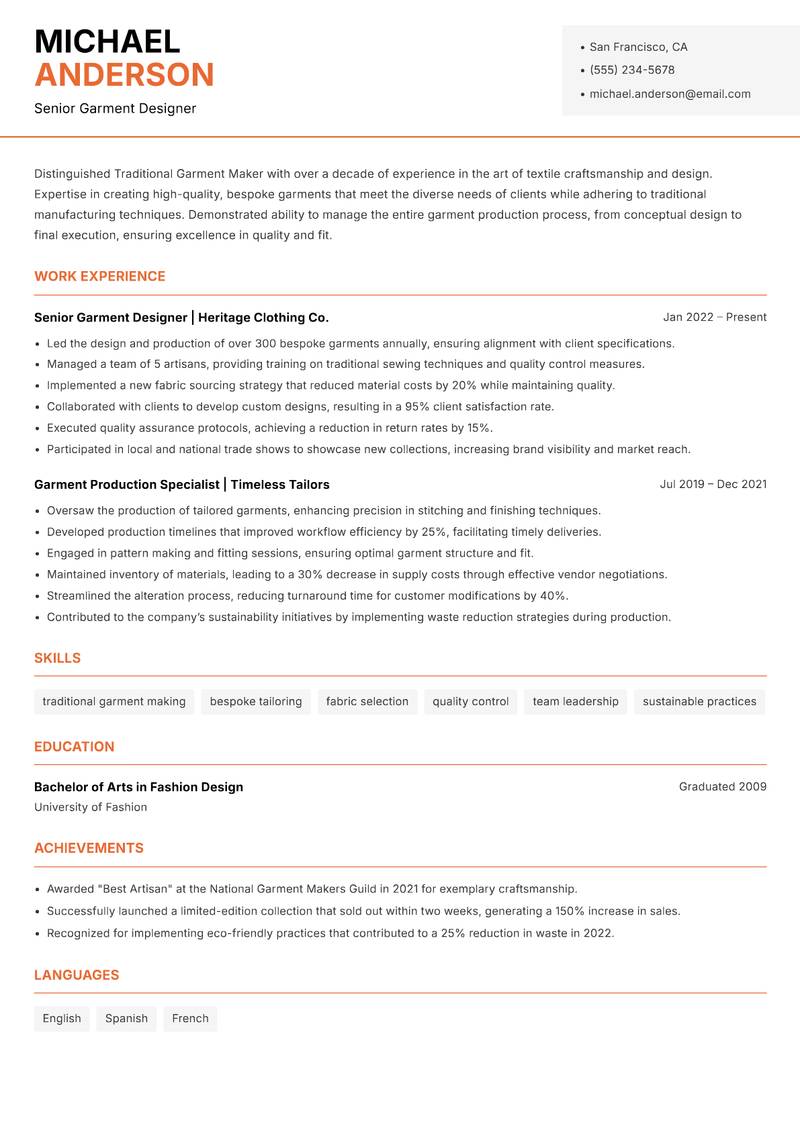 Traditional Garment Maker resume sample — Senior Garment Designer focus