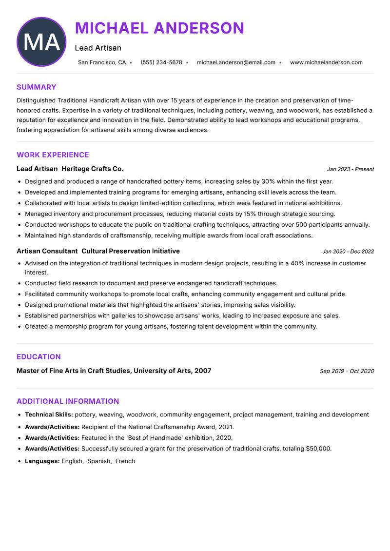 Traditional Handicraft Artisan resume example