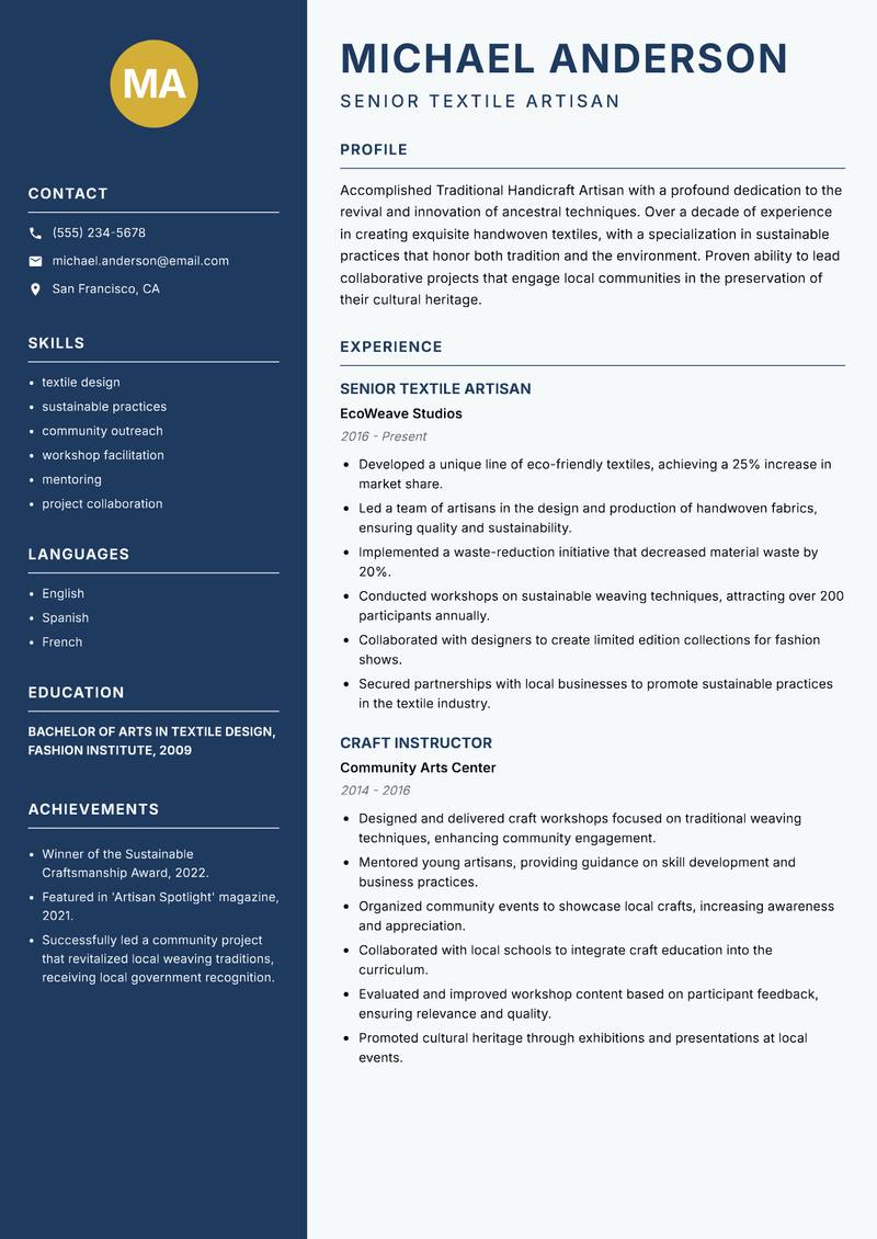 Traditional Handicraft Artisan resume sample — Senior Textile Artisan focus