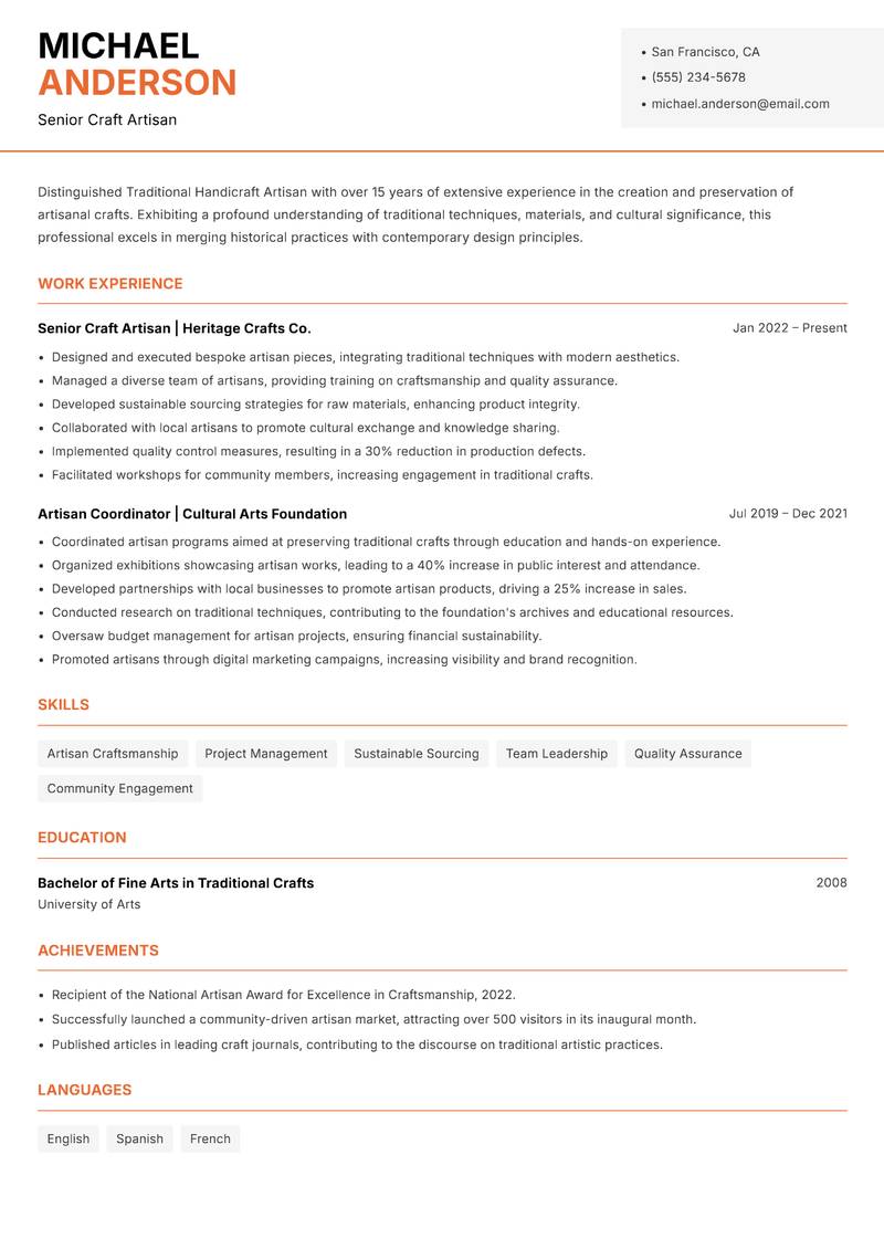 Traditional Handicraft Artisan resume sample — Senior Craft Artisan focus