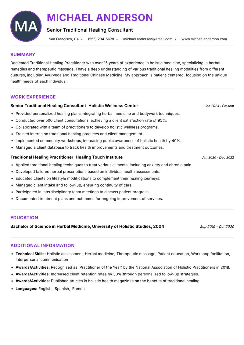 Traditional Healing Practitioner resume example