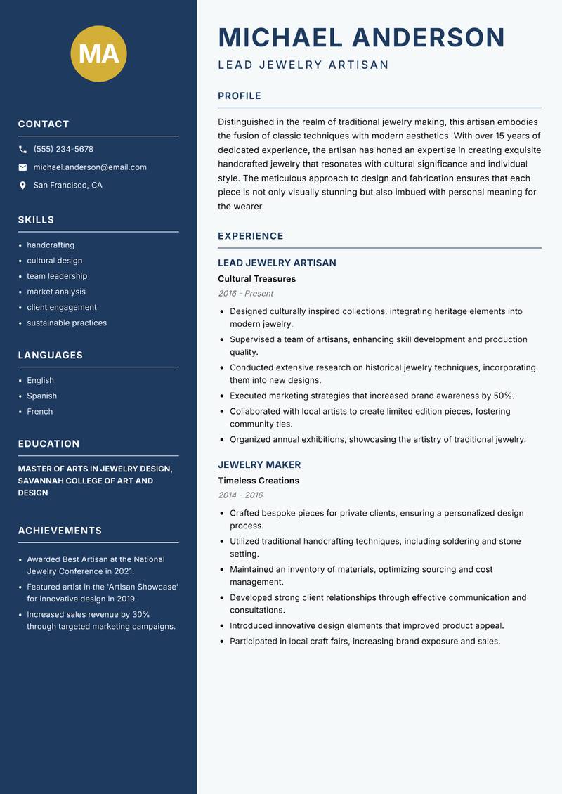Traditional Jewelry Artisan resume sample — Lead Jewelry Artisan focus