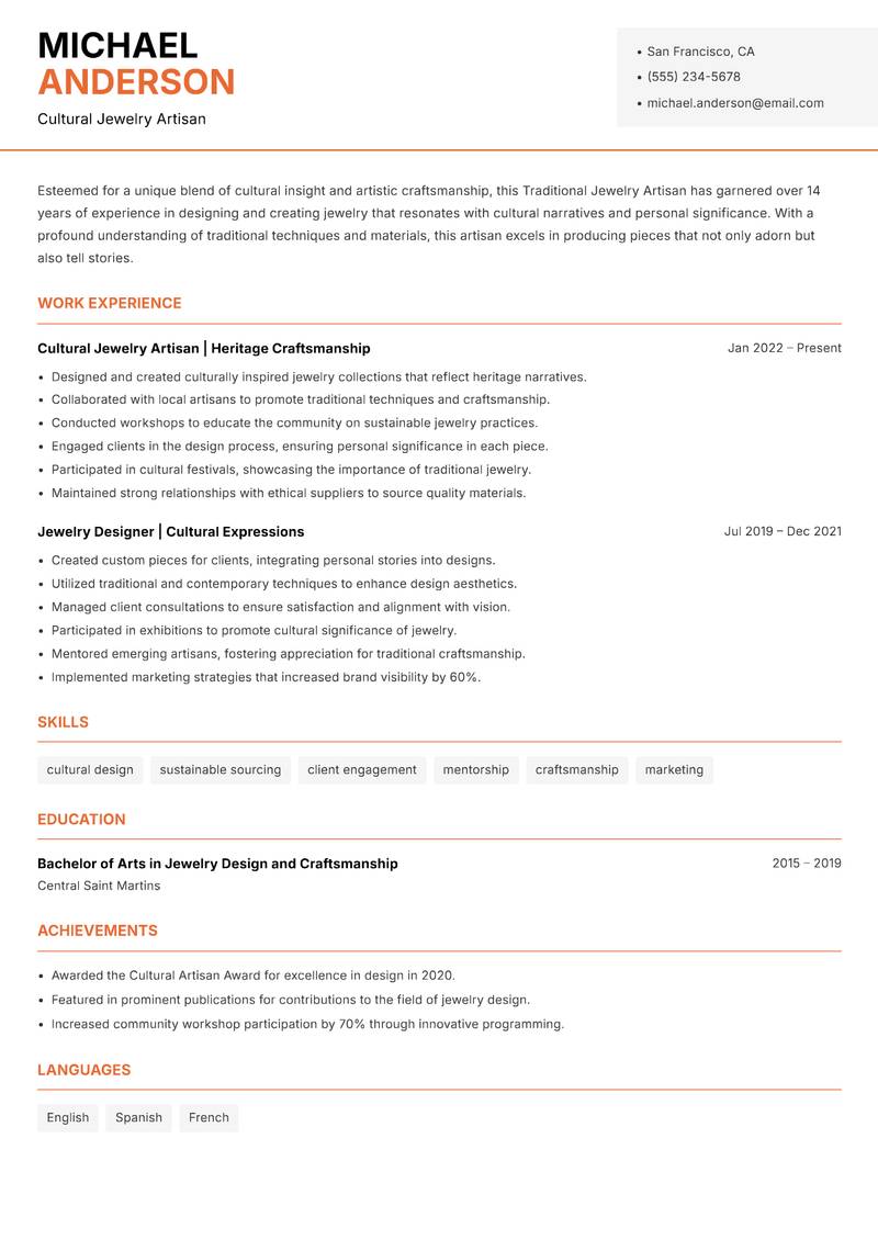 Traditional Jewelry Artisan resume sample — Cultural Jewelry Artisan focus