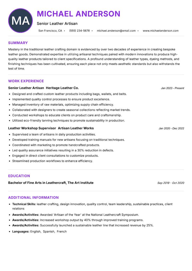 Traditional Leather Artisan resume example