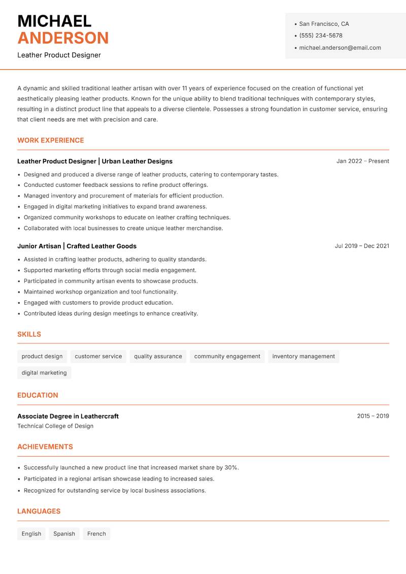 Traditional Leather Artisan resume sample — Leather Product Designer focus