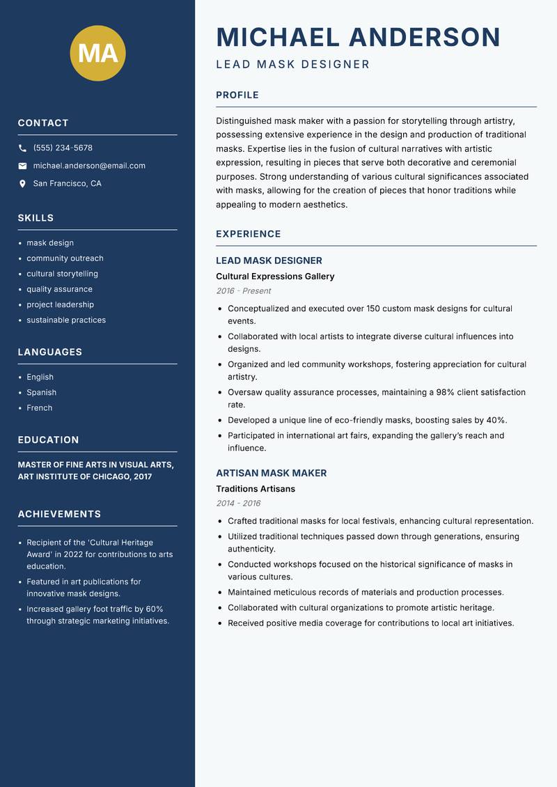 Traditional Mask Maker resume sample — Lead Mask Designer focus