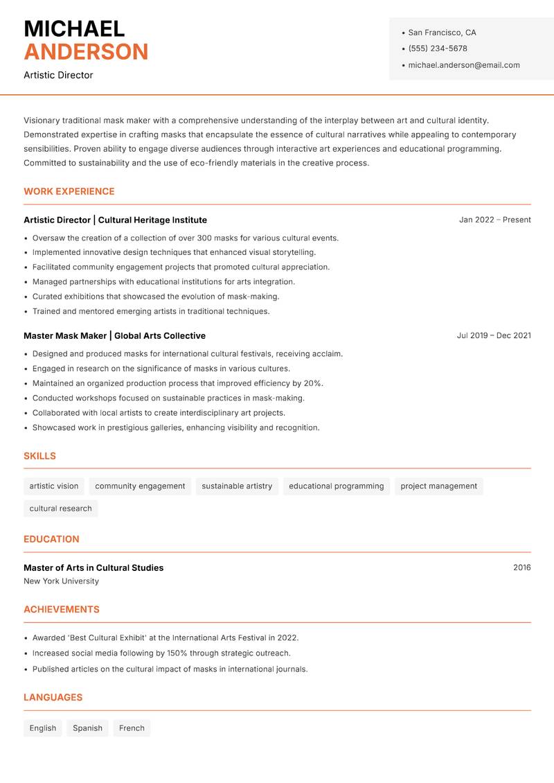 Traditional Mask Maker resume sample — Artistic Director focus