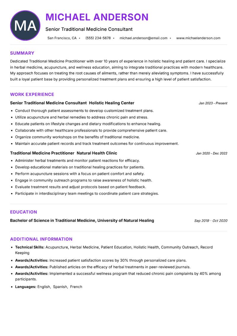 Traditional Medicine Practitioner resume example
