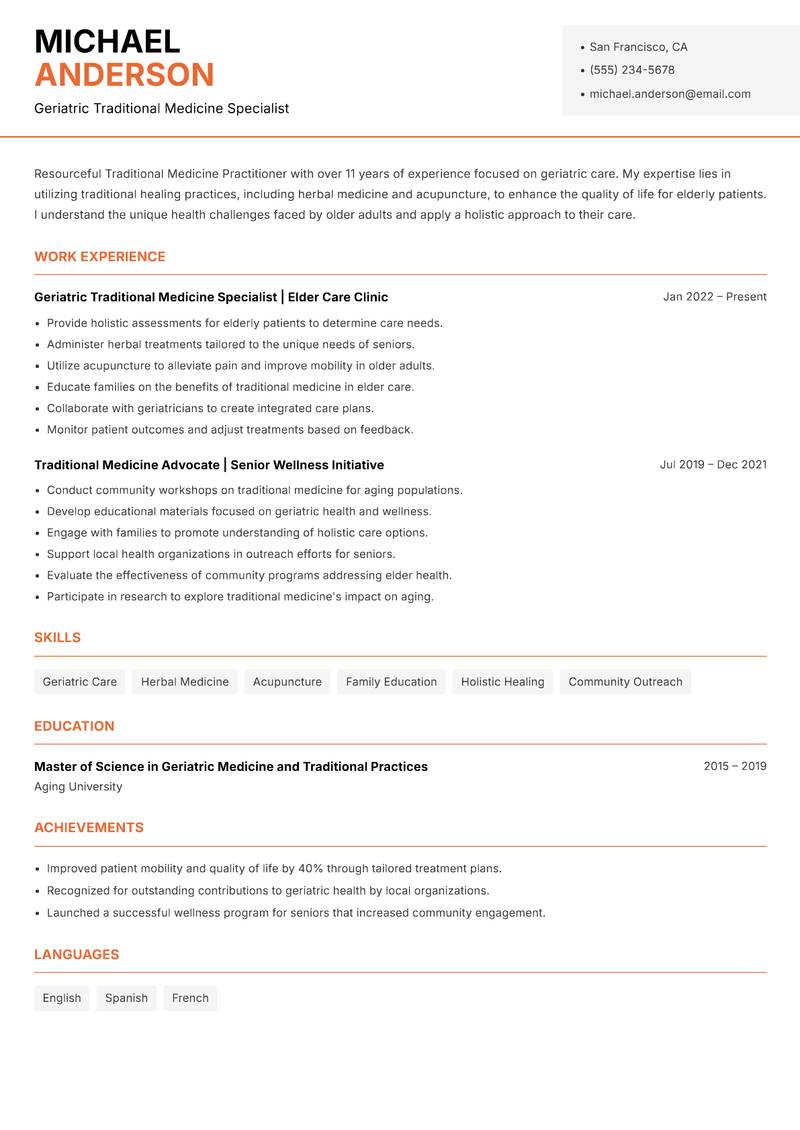 Traditional Medicine Practitioner resume sample — Geriatric Traditional Medicine Specialist focus