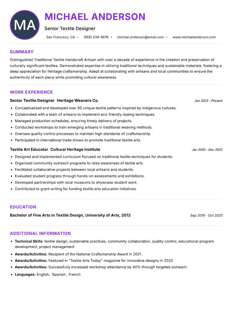 Traditional Textile Handicraft Artisan resume example