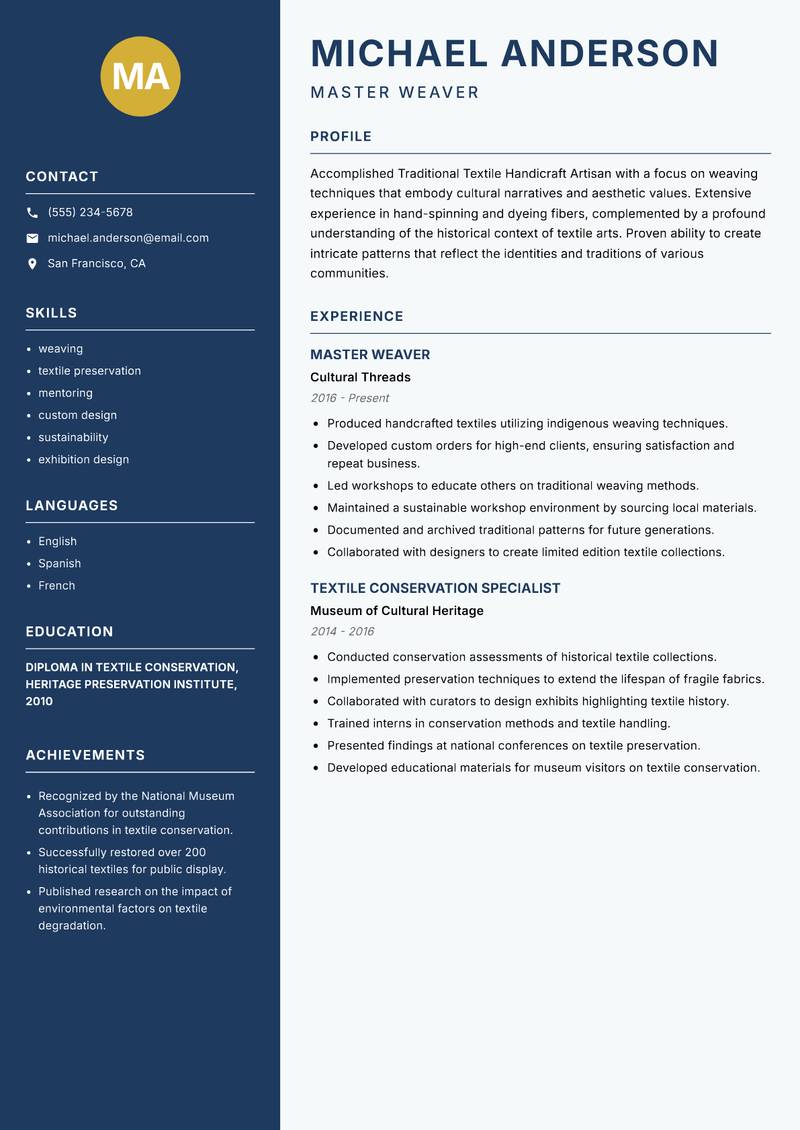 Traditional Textile Handicraft Artisan resume sample — Master Weaver focus