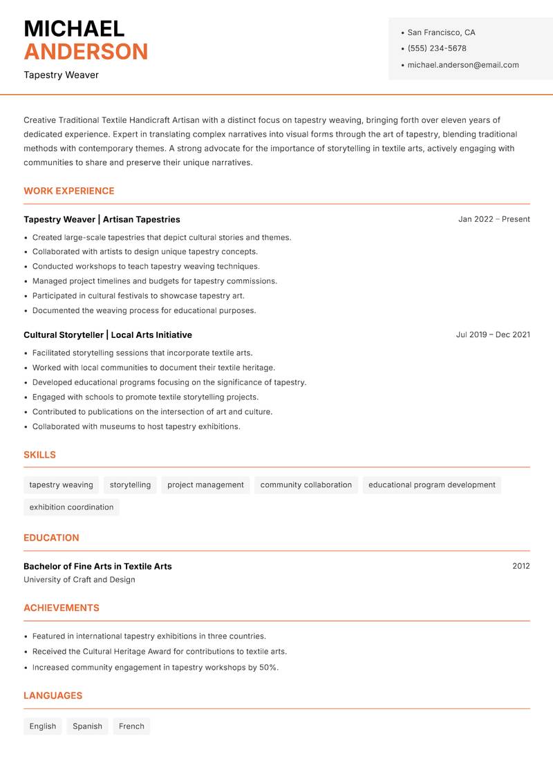 Traditional Textile Handicraft Artisan resume sample — Tapestry Weaver focus