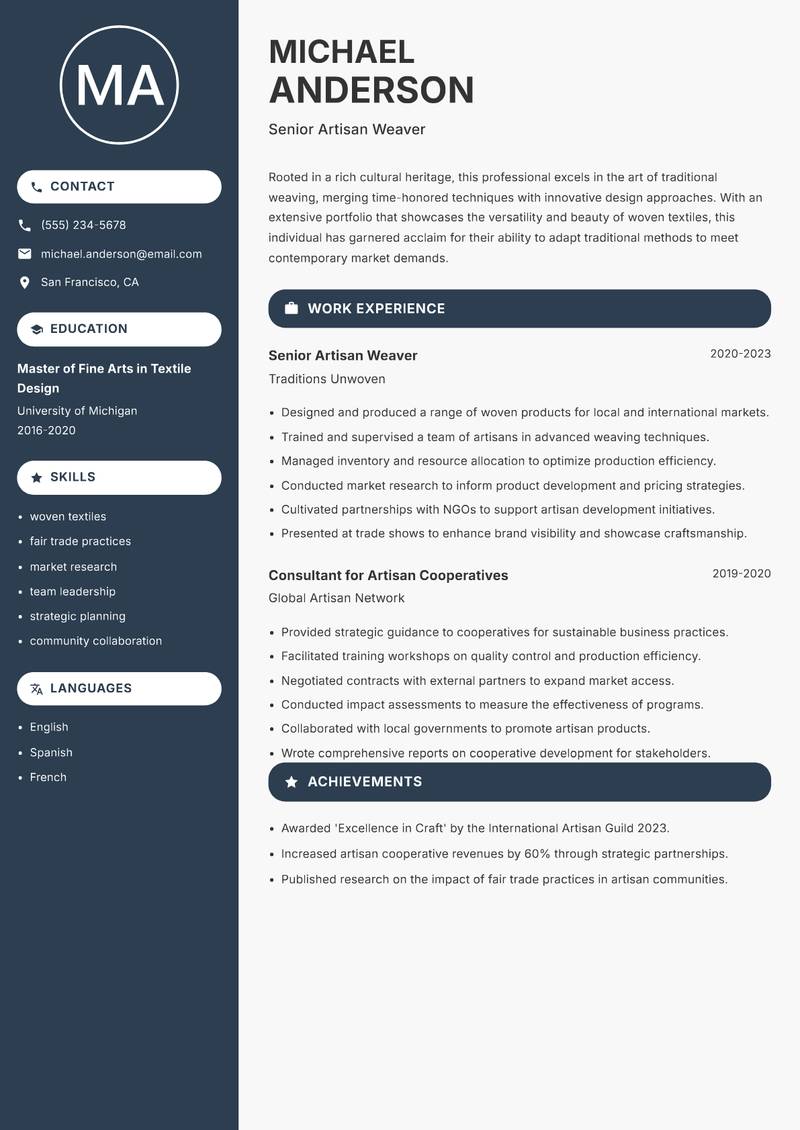 Traditional Weaver resume sample — Senior Artisan Weaver focus