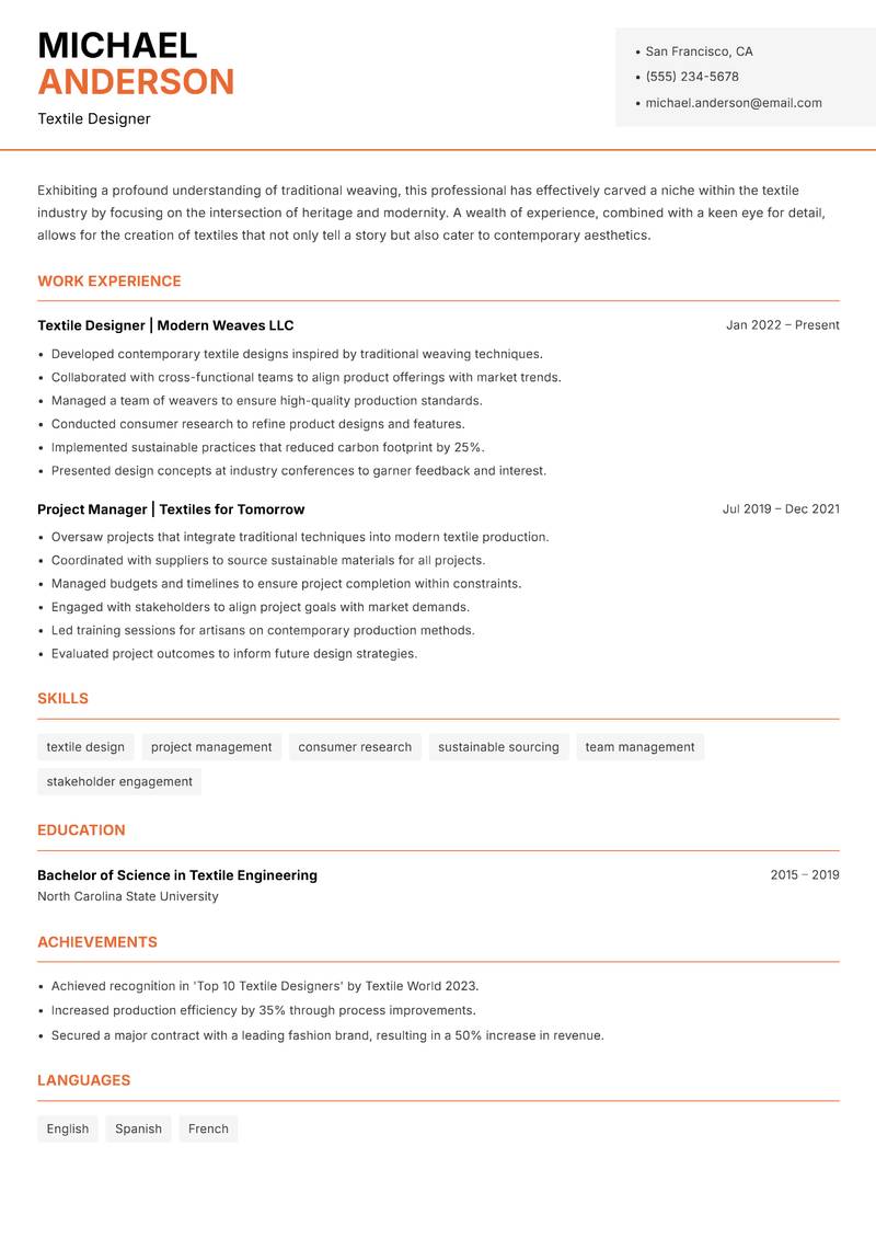 Traditional Weaver resume sample — Textile Designer focus
