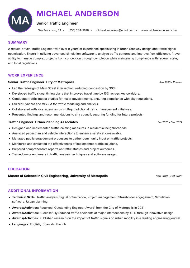 Traffic Engineer resume example