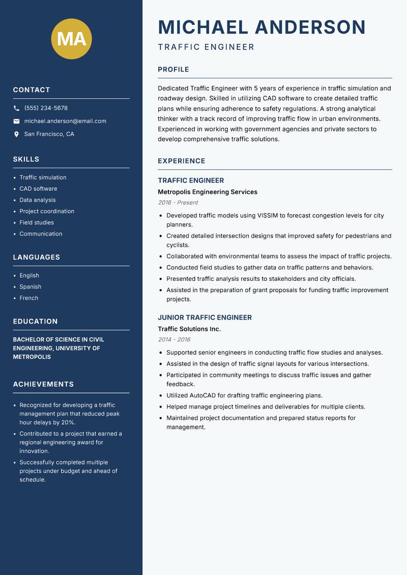Traffic Engineer resume sample — Traffic Engineer focus