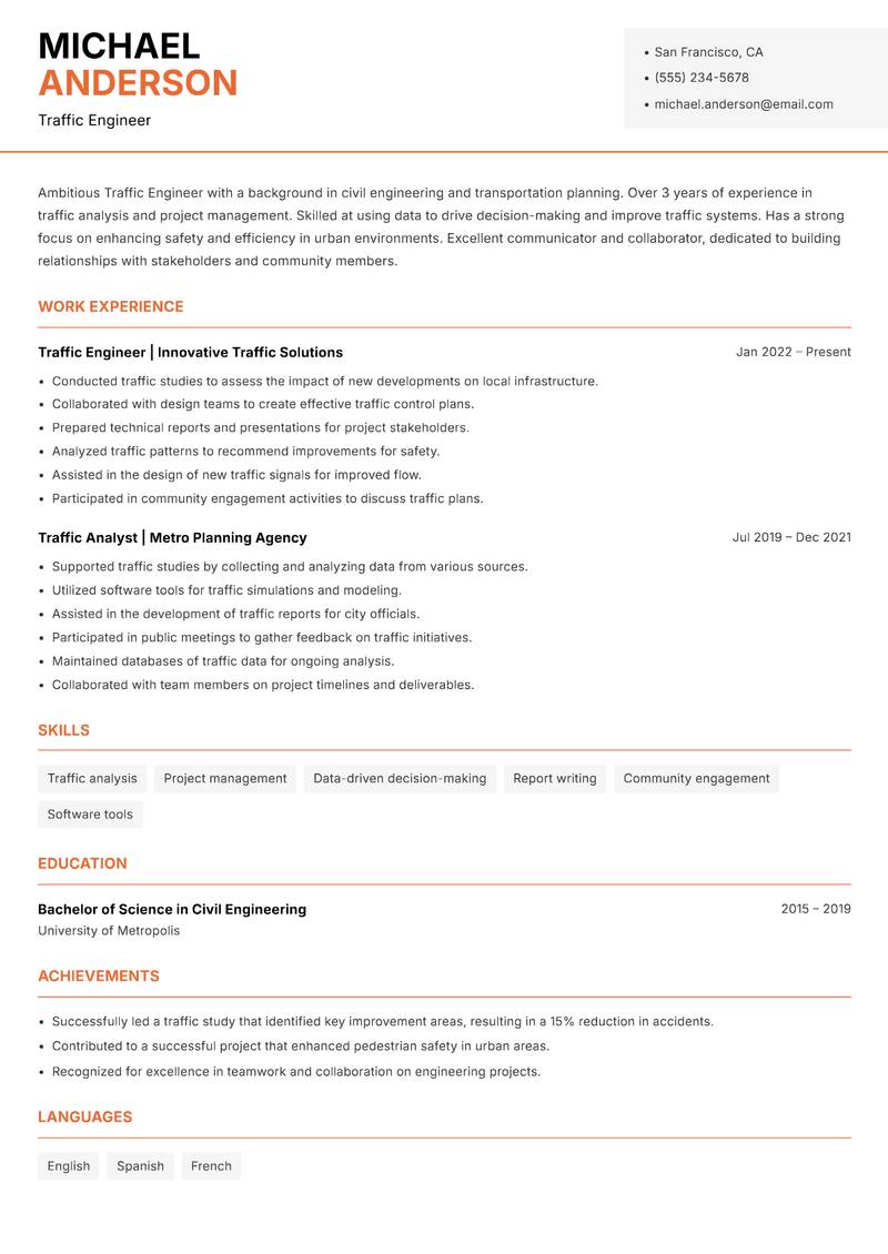 Traffic Engineer resume sample — Traffic Engineer focus