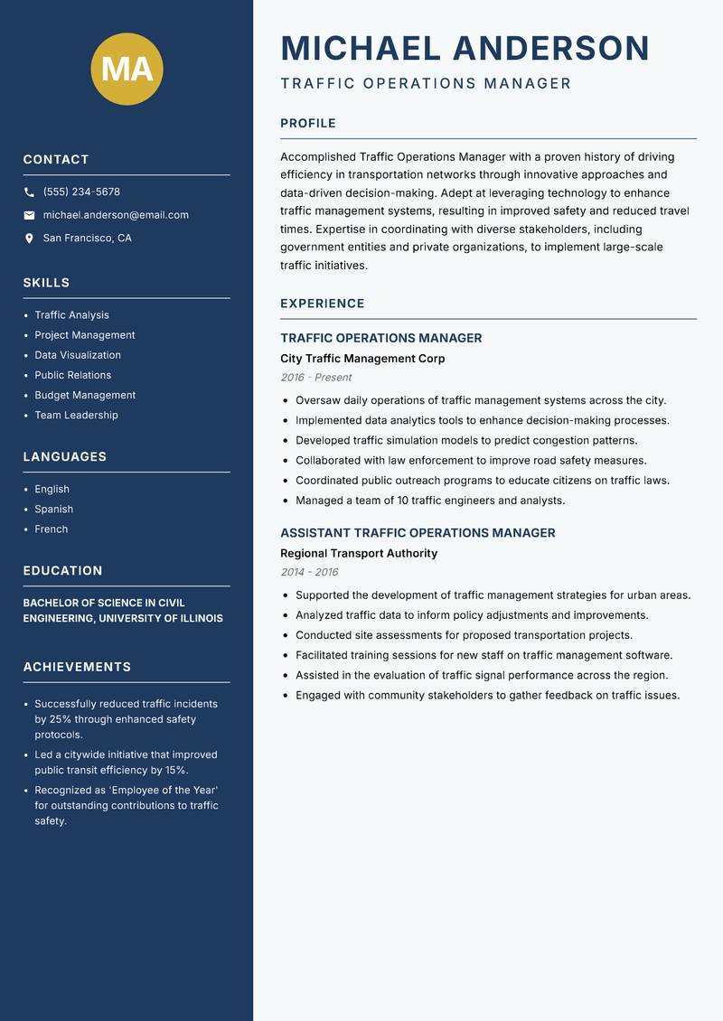 Traffic Operations Manager resume sample — Traffic Operations Manager focus
