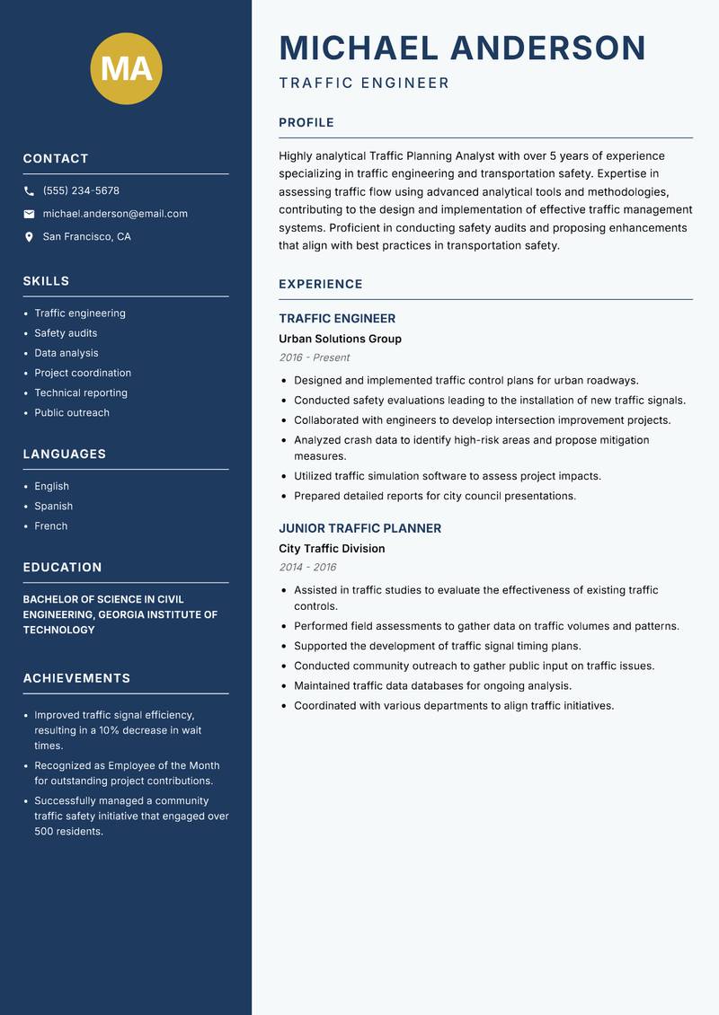 Traffic Planning Analyst resume sample — Traffic Engineer focus