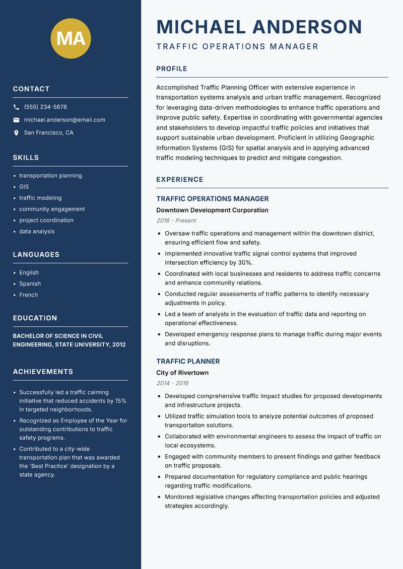 Traffic Planning Officer resume sample — Traffic Operations Manager focus
