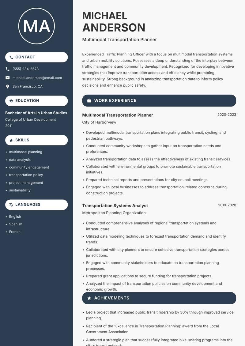 Traffic Planning Officer resume sample — Multimodal Transportation Planner focus