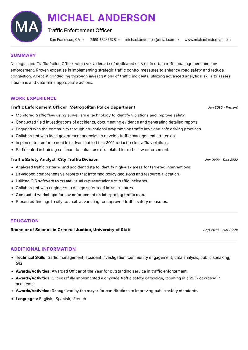 Traffic Police Officer resume example