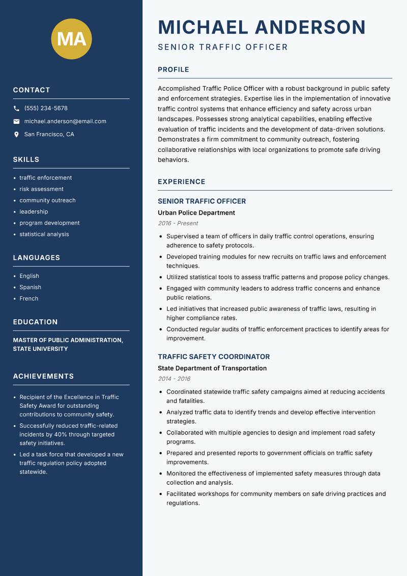 Traffic Police Officer resume sample — Senior Traffic Officer focus