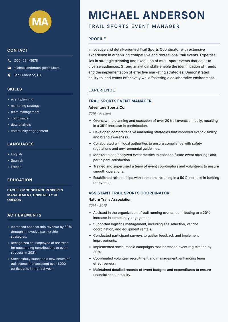 Trail Sports Coordinator resume sample — Trail Sports Event Manager focus