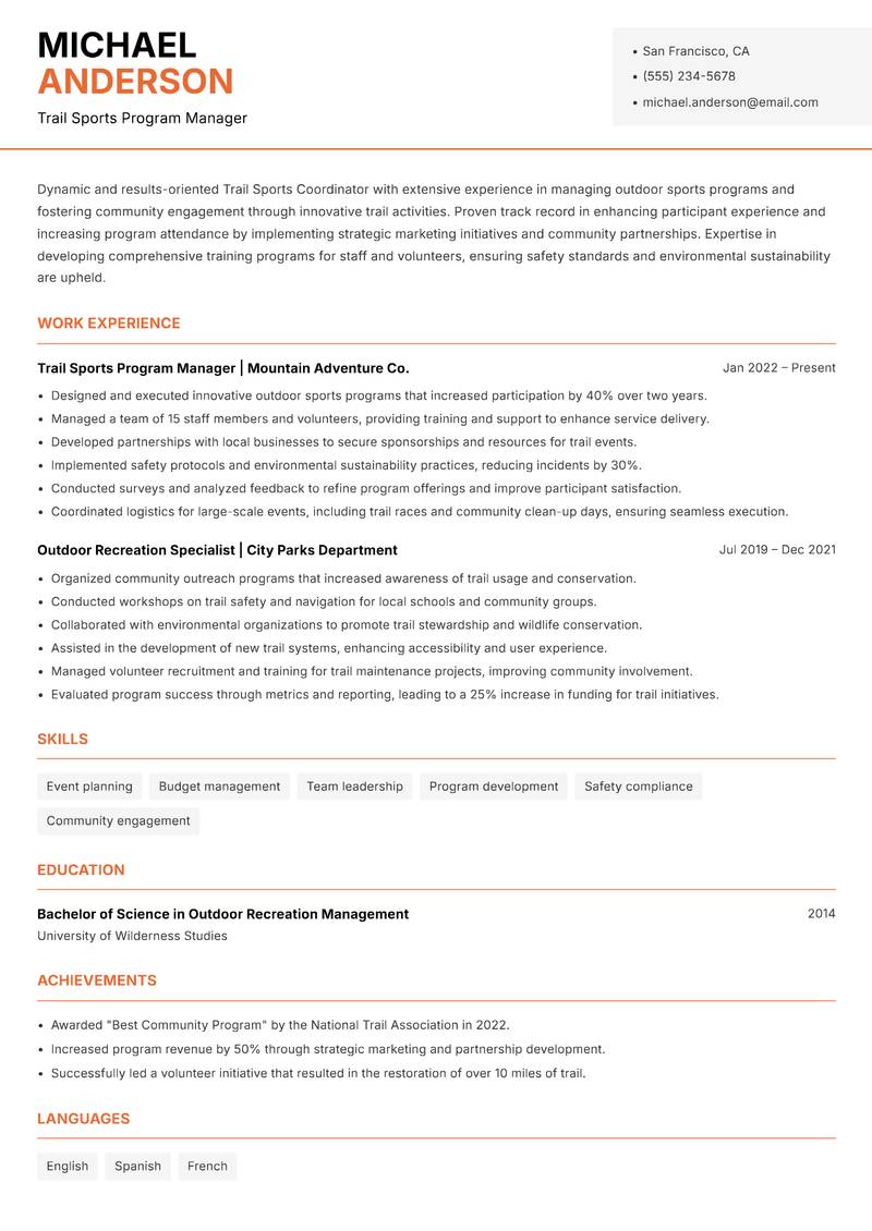 Trail Sports Coordinator resume sample — Trail Sports Program Manager focus