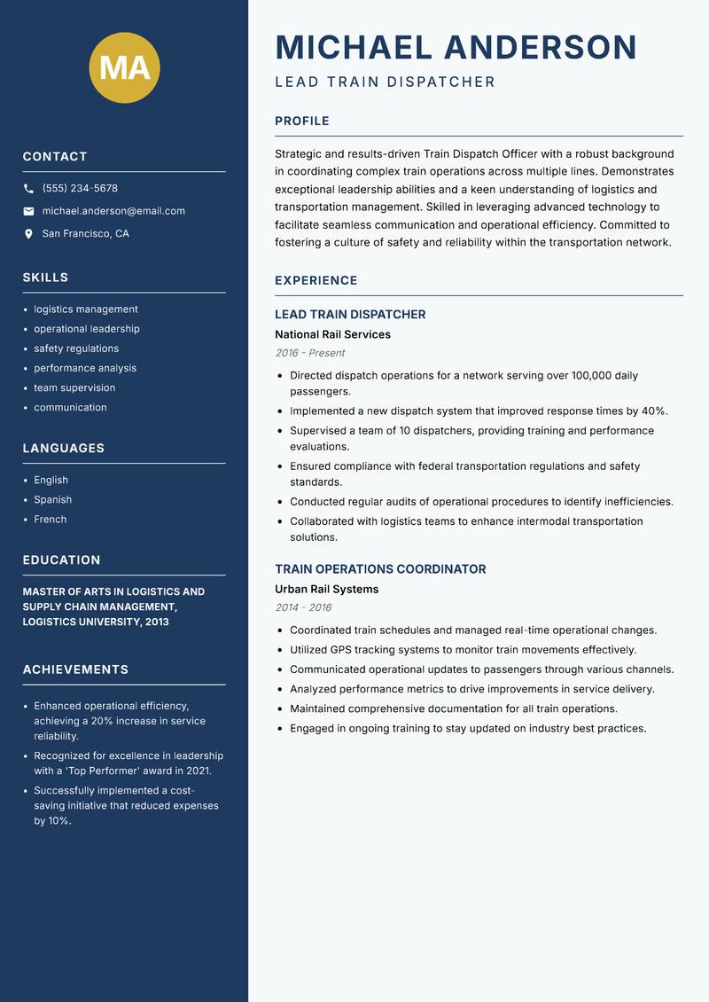 Train Dispatch Officer resume sample — Lead Train Dispatcher focus