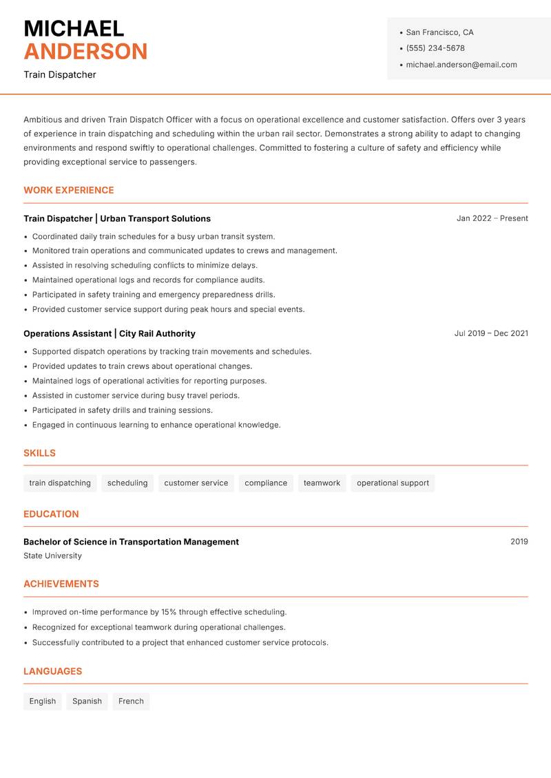 Train Dispatch Officer resume sample — Train Dispatcher focus