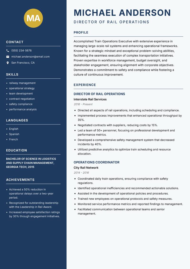 Train Operations Executive resume sample — Director of Rail Operations focus