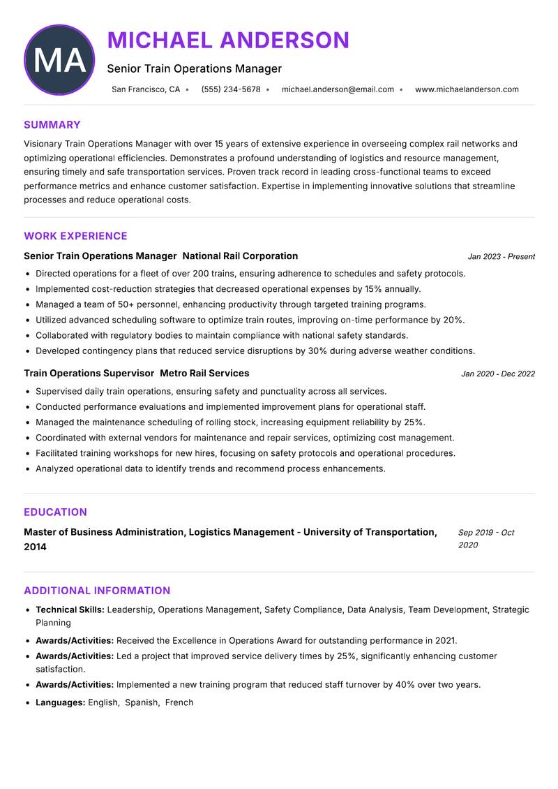 Train Operations Manager resume example