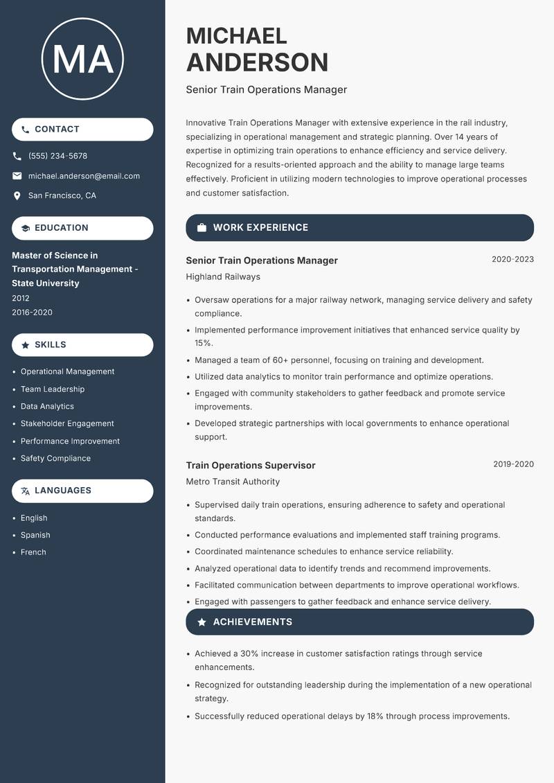 Train Operations Manager resume sample — Senior Train Operations Manager focus