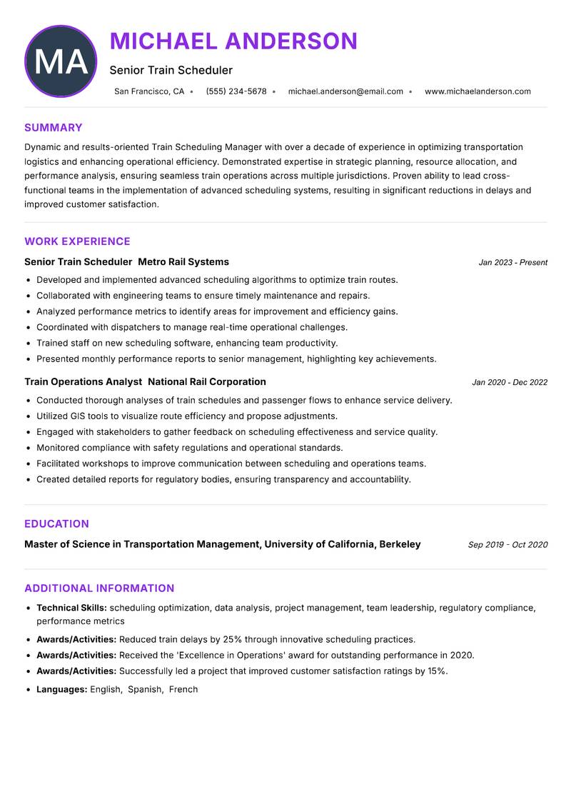 Train Scheduling Manager resume example