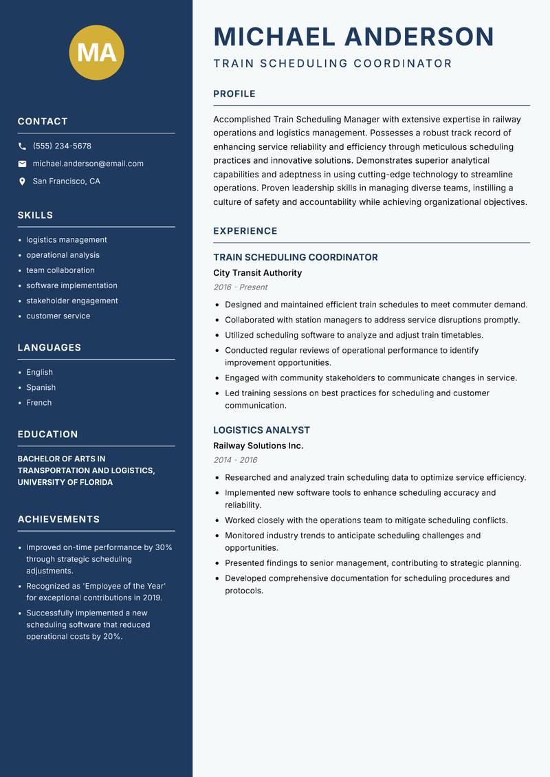 Train Scheduling Manager resume sample — Train Scheduling Coordinator focus
