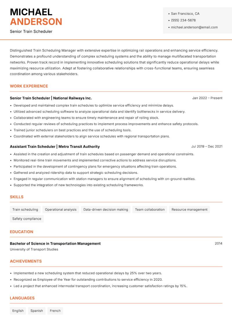 Train Scheduling Manager resume sample — Senior Train Scheduler focus