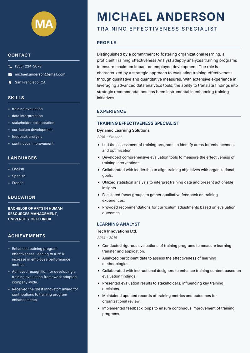 Training Effectiveness Analyst resume sample — Training Effectiveness Specialist focus