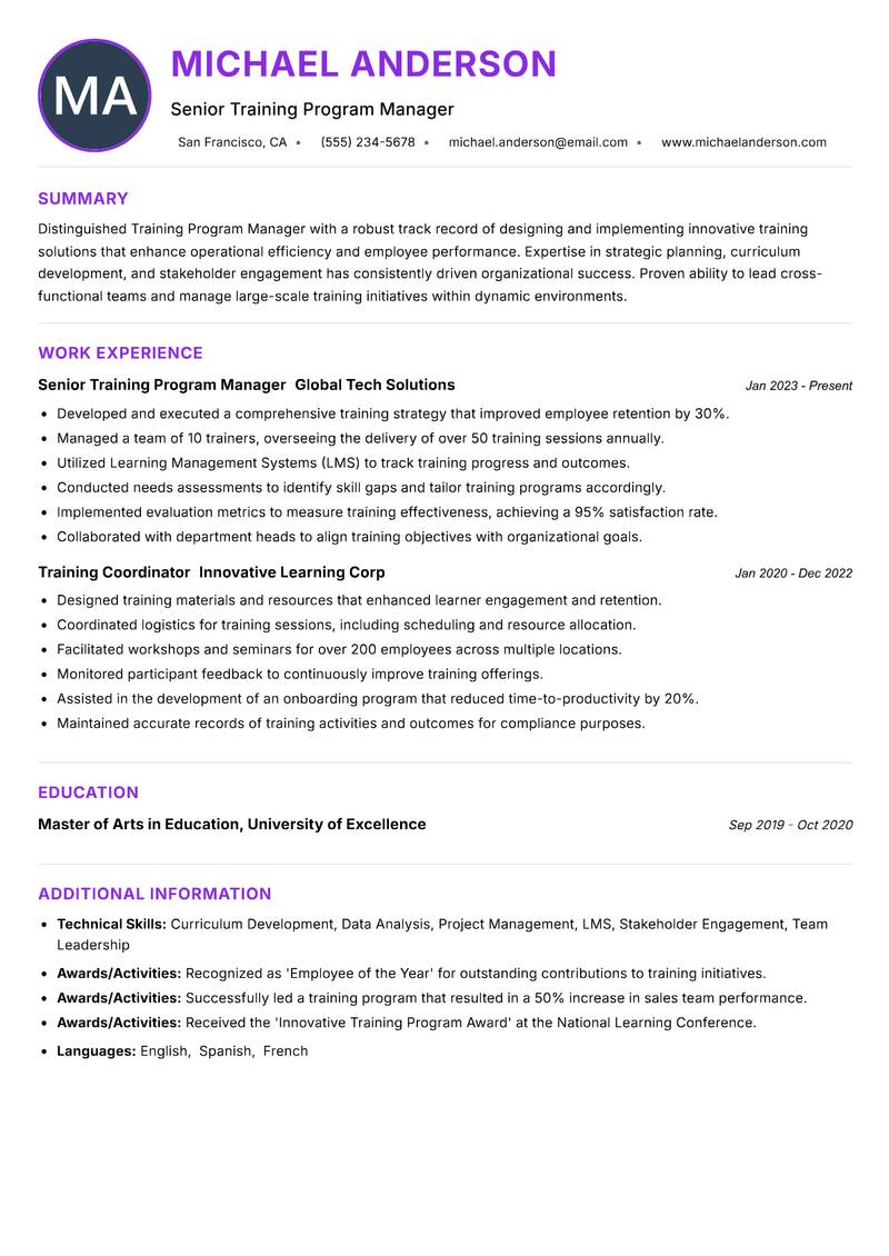 Training Program Manager resume example