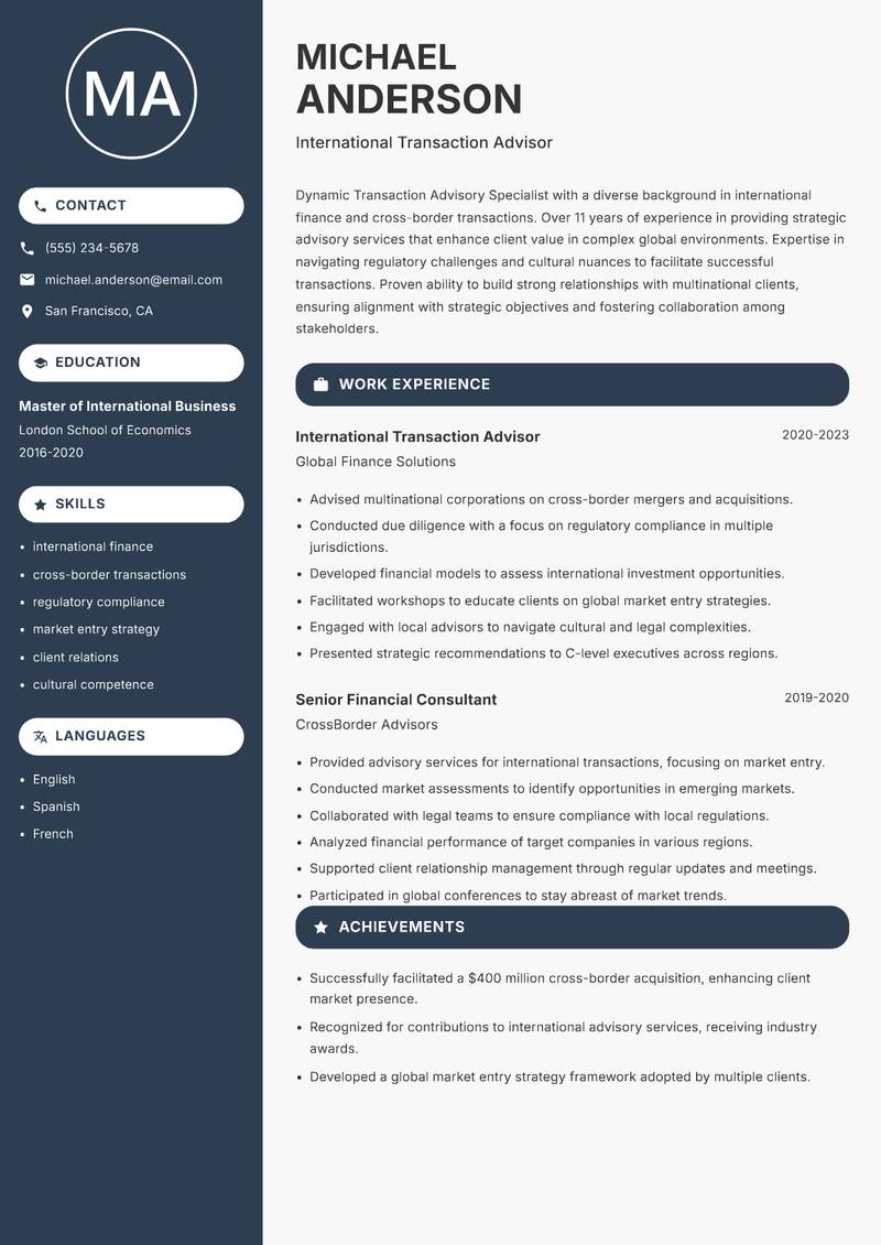 Transaction Advisory Specialist resume sample — International Transaction Advisor focus