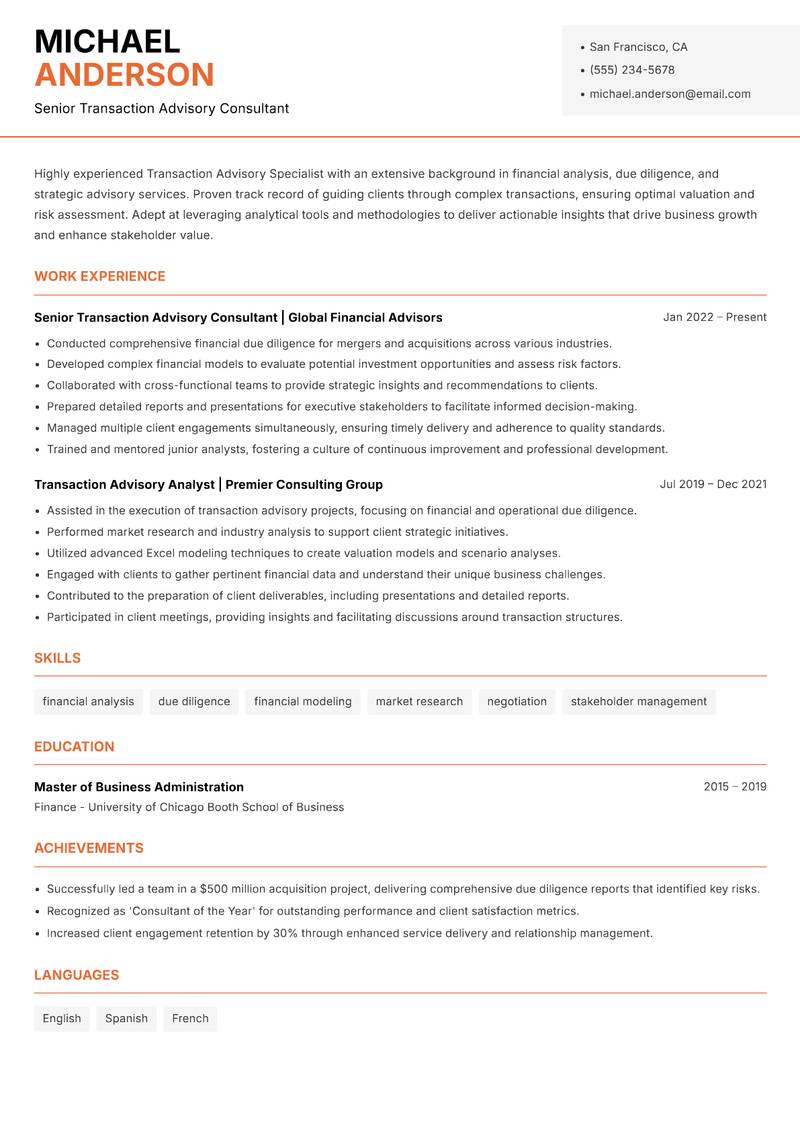 Transaction Advisory Specialist resume sample — Senior Transaction Advisory Consultant focus