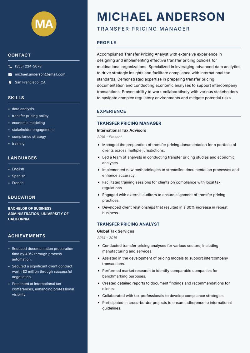 Transfer Pricing Analyst resume sample — Transfer Pricing Manager focus