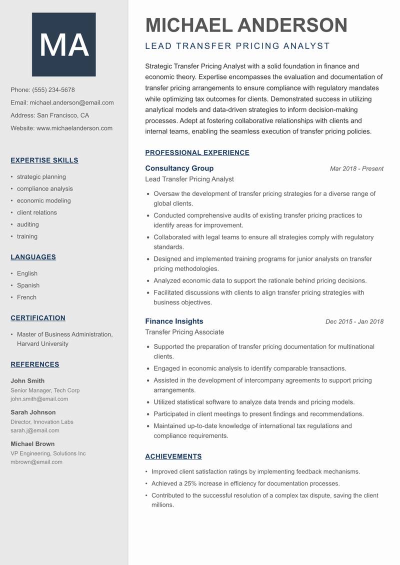 Transfer Pricing Analyst resume sample — Lead Transfer Pricing Analyst focus