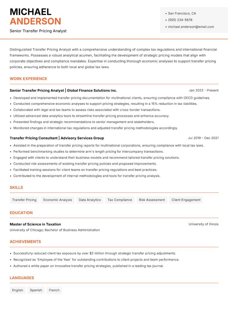 Transfer Pricing Analyst resume sample — Senior Transfer Pricing Analyst focus
