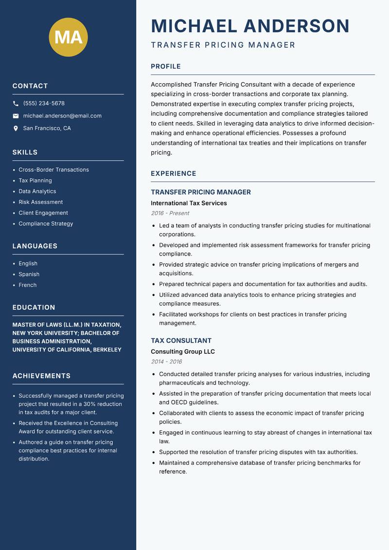 Transfer Pricing Consultant resume sample — Transfer Pricing Manager focus
