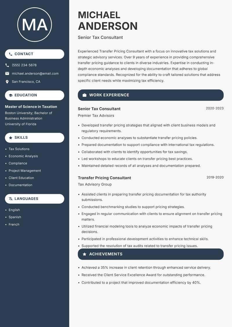Transfer Pricing Consultant resume sample — Senior Tax Consultant focus